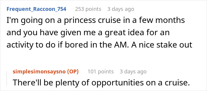Text exchange about a cruise, discussing ideas for activities and opportunities on board. Text exchange about a cruise, discussing ideas for activities and opportunities on board.