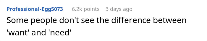 Text comment stating, "Some people don't see the difference between 'want' and 'need'," related to entitled coworker. Text comment stating, "Some people don't see the difference between 'want' and 'need'," related to entitled coworker.
