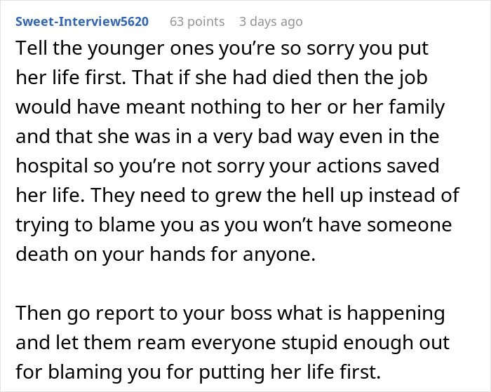 Online comment discussing consequences of calling an ambulance, leading to coworker's firing. Online comment discussing consequences of calling an ambulance, leading to coworker's firing.