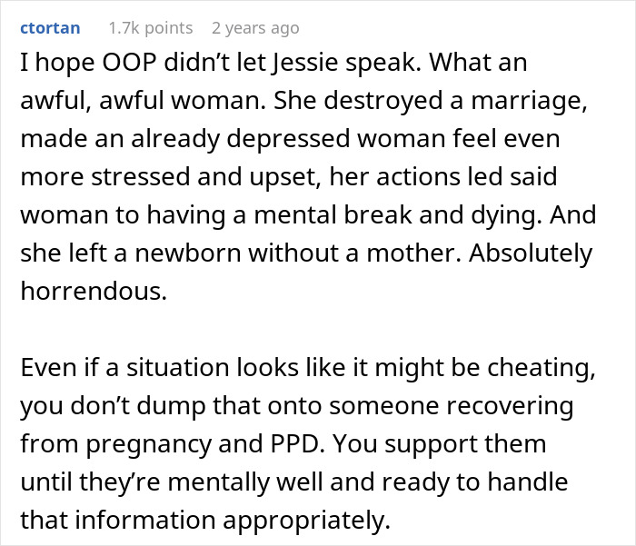 Reddit comment discussing infidelity accusations, PPD tragedy, and blame on best friend. Reddit comment discussing infidelity accusations, PPD tragedy, and blame on best friend.