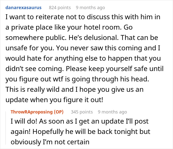 Reddit text exchange about a proposal, one advising safety and public discussion. Reddit text exchange about a proposal, one advising safety and public discussion.