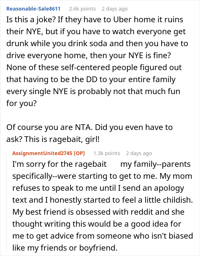 Reddit discussion about family New Year's Eve drama over designated driver issue. Reddit discussion about family New Year's Eve drama over designated driver issue.