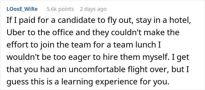 Text comment discussing a company's decision not to hire someone preferring to eat lunch in the office. Text comment discussing a company's decision not to hire someone preferring to eat lunch in the office.