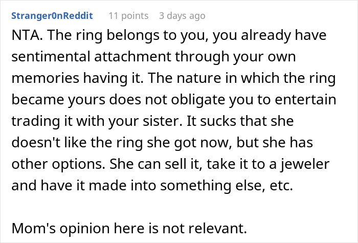 Reddit comment discussing sisterly conflict over a sentimental heirloom ring. Reddit comment discussing sisterly conflict over a sentimental heirloom ring.