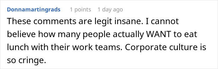 Comment criticizing corporate culture and preference for eating lunch with work teams. Comment criticizing corporate culture and preference for eating lunch with work teams.