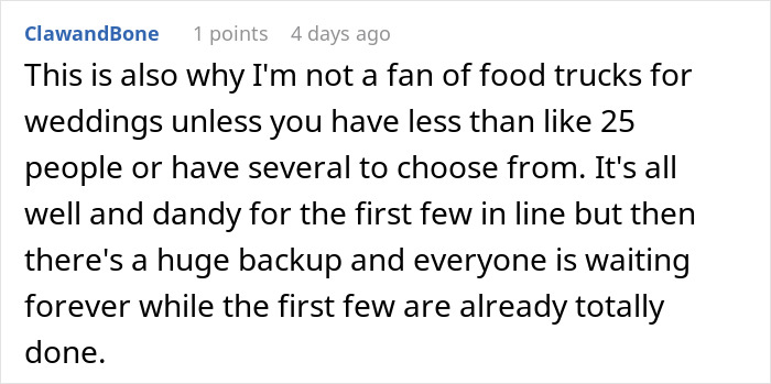 Comment about wedding food trucks and guest waiting issues. Comment about wedding food trucks and guest waiting issues.