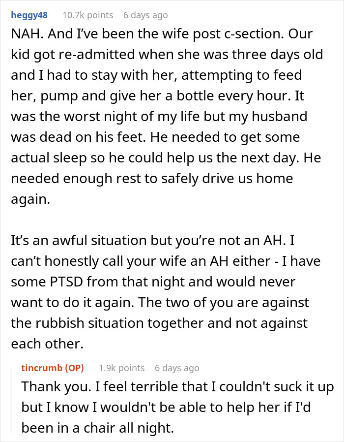 Reddit user comments discussing a husband's decision not to stay after wife's C-section. Reddit user comments discussing a husband's decision not to stay after wife's C-section.