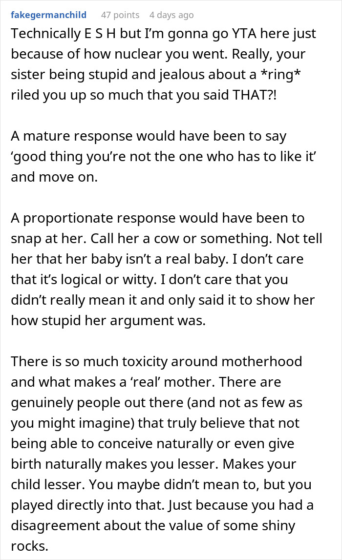 Reddit comment analyzing a conflict about whether a sister's baby is a real baby. Reddit comment analyzing a conflict about whether a sister's baby is a real baby.