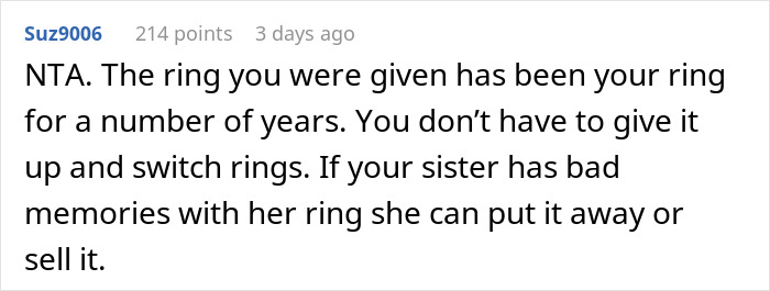 Comment discussing sister not giving up heirloom ring dispute. Comment discussing sister not giving up heirloom ring dispute.