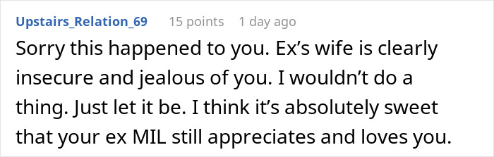 Comment discussing ex-MIL gifting a bracelet and the ex’s new wife feeling insecure and jealous. Comment discussing ex-MIL gifting a bracelet and the ex’s new wife feeling insecure and jealous.
