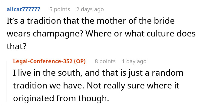 Comments discussing wedding attire tradition of wearing champagne in the South. Comments discussing wedding attire tradition of wearing champagne in the South.