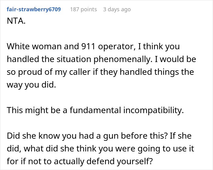 User comment defending the decision to threaten intruders with a gun in a discussion thread. User comment defending the decision to threaten intruders with a gun in a discussion thread.