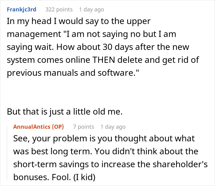 Text exchange humorously discussing management's decision affecting software team. Text exchange humorously discussing management's decision affecting software team.