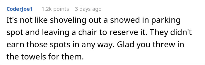 Comment about petty revenge on selfish people at resort, referencing parking spot reservation analogy. Comment about petty revenge on selfish people at resort, referencing parking spot reservation analogy.