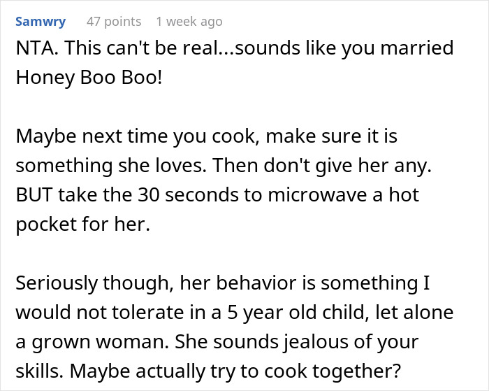 Reddit comment with humor about husband-wife cooking drama and jealousy over cooking skills. Reddit comment with humor about husband-wife cooking drama and jealousy over cooking skills.