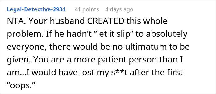 Reddit comment criticizing a man for ignoring his wife's privacy plea regarding pregnancy. Reddit comment criticizing a man for ignoring his wife's privacy plea regarding pregnancy.