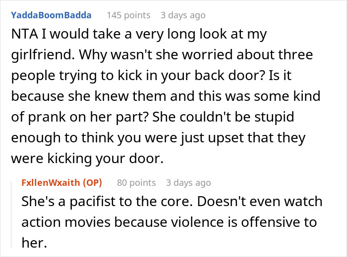 Reddit thread discussing a guy's decision to threaten intruders, with opposing views and concerns about violence. Reddit thread discussing a guy's decision to threaten intruders, with opposing views and concerns about violence.