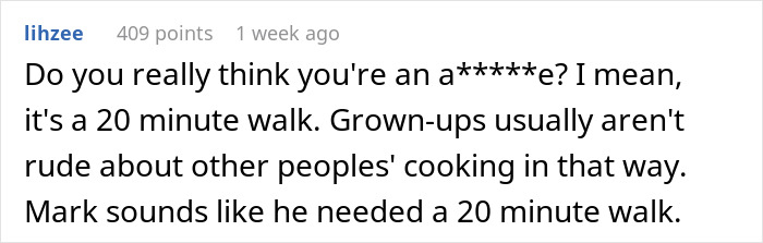 Text exchange about snarky remarks on home-cooked meal and consequences for rude behavior during dinner. Text exchange about snarky remarks on home-cooked meal and consequences for rude behavior during dinner.