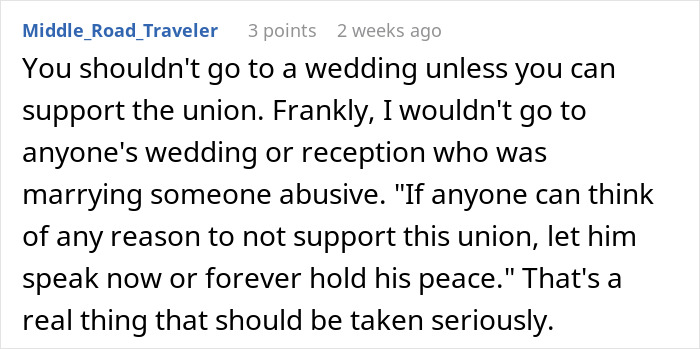 Text comment expressing views on attending weddings and supporting the union. Text comment expressing views on attending weddings and supporting the union.