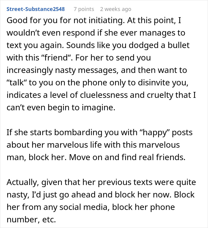 Reddit post discussing a woman not invited to her best friend's wedding. Reddit post discussing a woman not invited to her best friend's wedding.