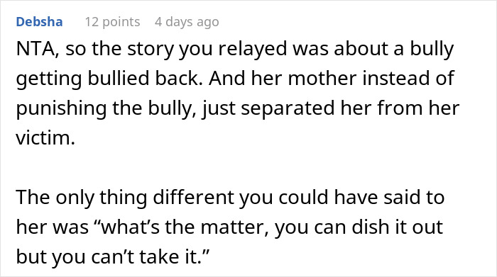 Reddit comment discussing a story about a bully getting bullied back and parental intervention. Reddit comment discussing a story about a bully getting bullied back and parental intervention.