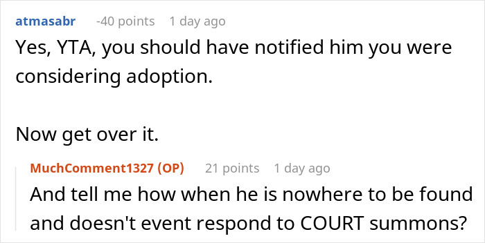 Reddit users debate on adoption notification responsibility. Reddit users debate on adoption notification responsibility.