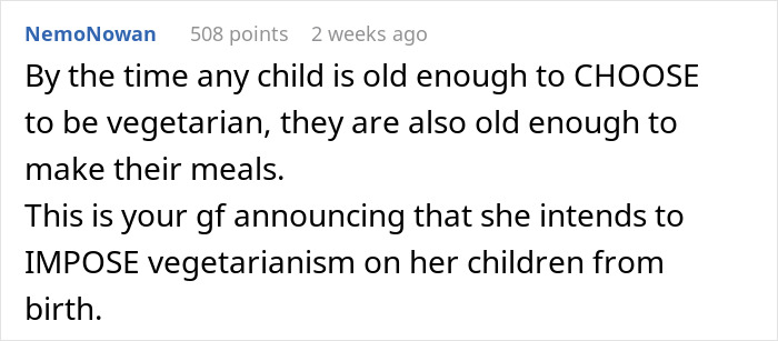 Comment discussing vegetarianism for children and meal preparation independence. Comment discussing vegetarianism for children and meal preparation independence.