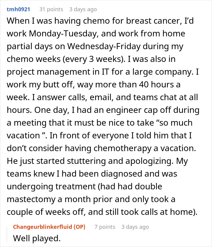Text discusses a guy confronting an entitled coworker about chemotherapy not being a vacation. Text discusses a guy confronting an entitled coworker about chemotherapy not being a vacation.