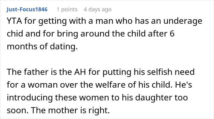 Comment discussing a father's relationship choices affecting his teenage daughter. Comment discussing a father's relationship choices affecting his teenage daughter.
