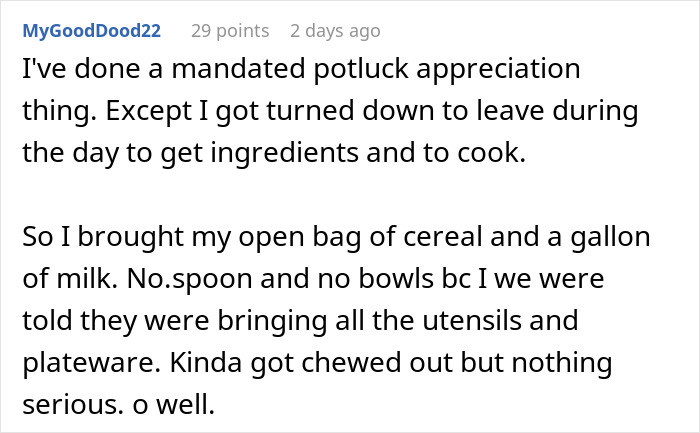 Text from an appreciation potluck where disappointment is described, mentioning cereal and milk without utensils. Text from an appreciation potluck where disappointment is described, mentioning cereal and milk without utensils.