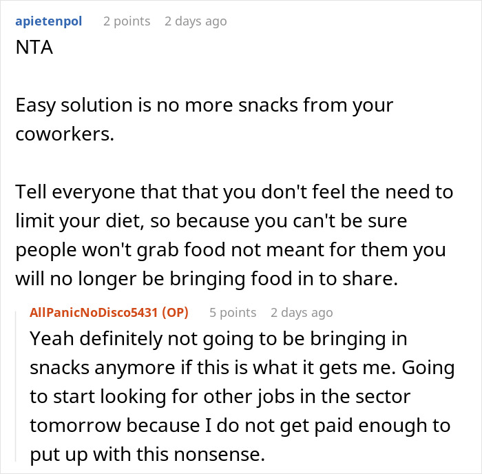 Reddit conversation about vegetarian food thief blaming coworker, discussing snack sharing and job dissatisfaction. Reddit conversation about vegetarian food thief blaming coworker, discussing snack sharing and job dissatisfaction.