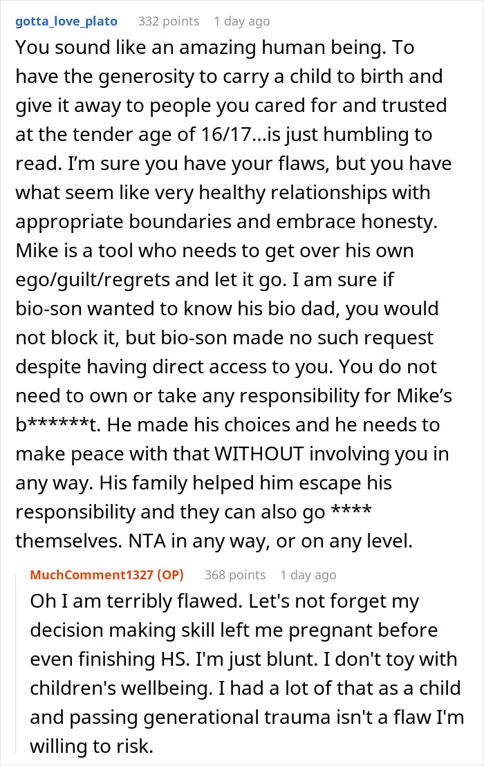 Reddit comment discussing a teen's decision to give up a child for adoption and dealing with guilt. Reddit comment discussing a teen's decision to give up a child for adoption and dealing with guilt.