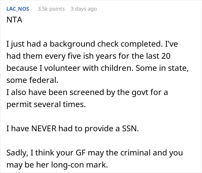 Text discussing a background check and concerns about providing a boyfriend's Social Security number to a girlfriend. Text discussing a background check and concerns about providing a boyfriend's Social Security number to a girlfriend.