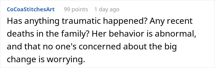 A comment on husband-daughter responsibility, discussing concerns about abnormal behavior and family trauma. A comment on husband-daughter responsibility, discussing concerns about abnormal behavior and family trauma.