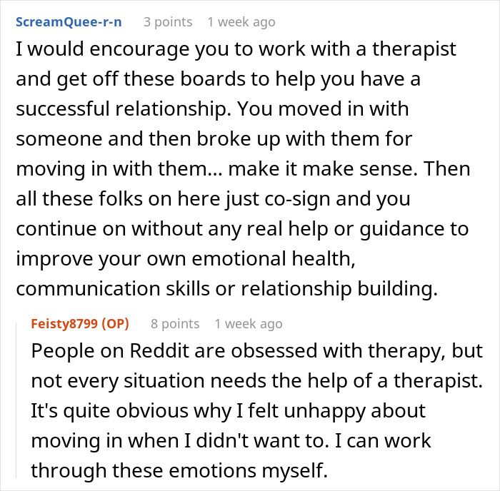 Screenshot of a Reddit conversation discussing relationship advice and therapy. Screenshot of a Reddit conversation discussing relationship advice and therapy.