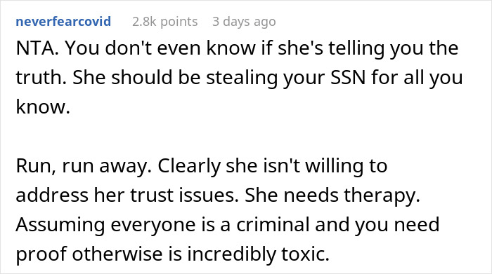 Screenshot of a comment discussing trust issues related to a girlfriend wanting a boyfriend's social security number for background checks. Screenshot of a comment discussing trust issues related to a girlfriend wanting a boyfriend's social security number for background checks.
