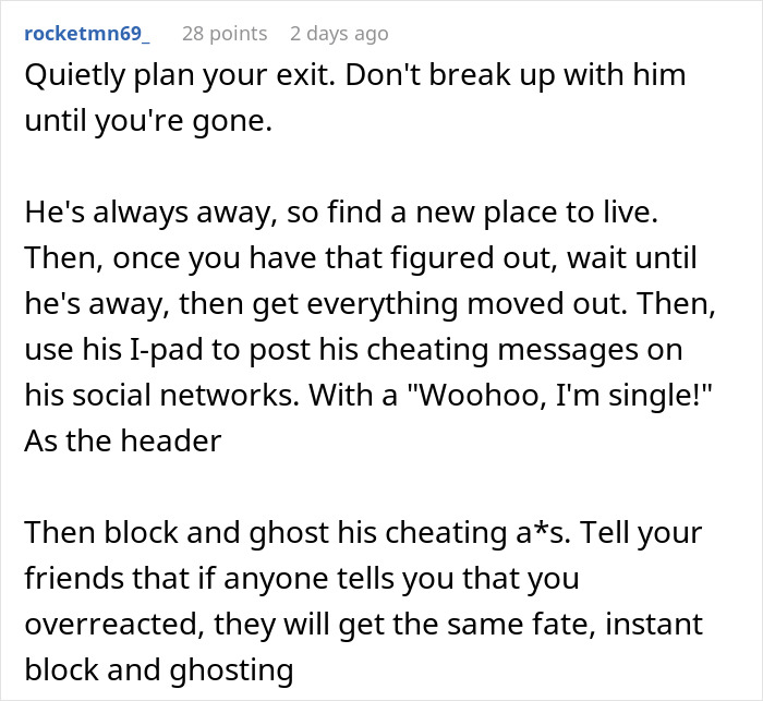 Discussion about planning an exit after finding out partner's infidelity through phone. Discussion about planning an exit after finding out partner's infidelity through phone.