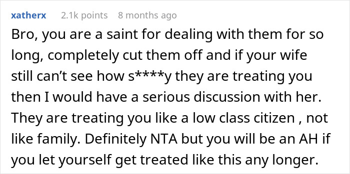 Reddit comment criticizing unfair treatment by in-laws, advising to cut ties for self-respect. Reddit comment criticizing unfair treatment by in-laws, advising to cut ties for self-respect.