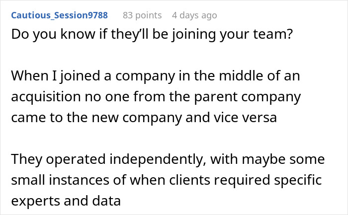 Text exchange about company acquisition and team integration challenges. Text exchange about company acquisition and team integration challenges.