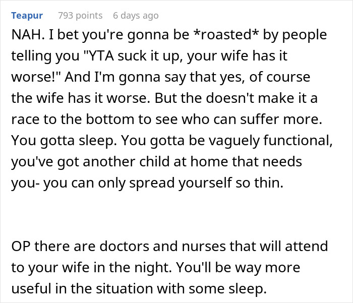 Reddit comment discussing a man's decision not to stay with his wife after her C-section. Reddit comment discussing a man's decision not to stay with his wife after her C-section.