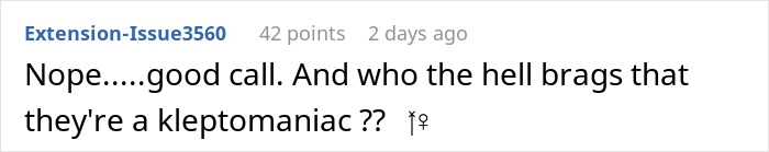 Comment discussing decision to refuse a kleptomaniac entry into a home. Comment discussing decision to refuse a kleptomaniac entry into a home.