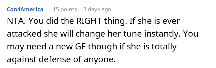 Comment supporting use of gun for defense against intruders, mentioning relationship advice. Comment supporting use of gun for defense against intruders, mentioning relationship advice.
