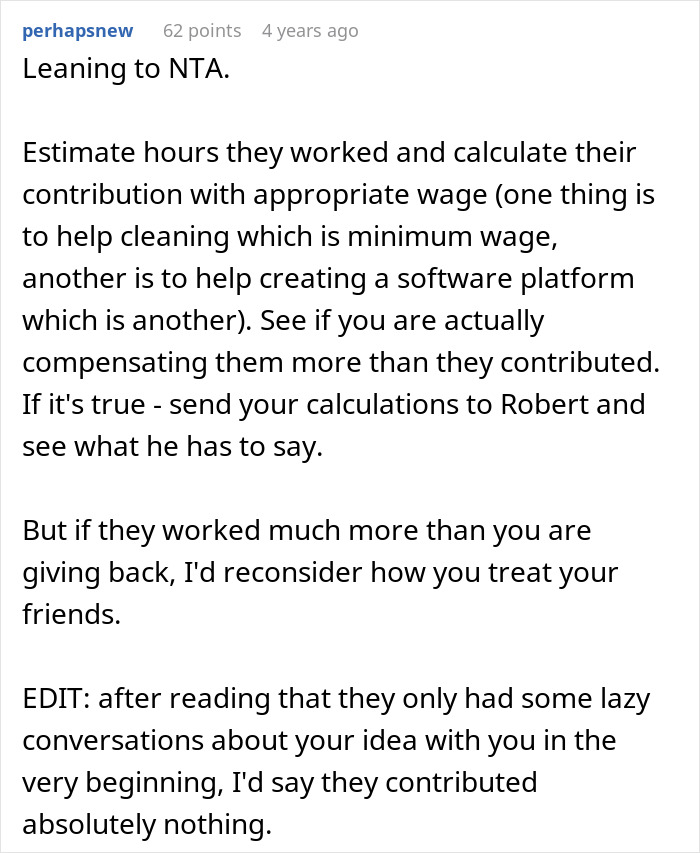 Comment discussing friends backing out before business success and compensation analysis. Comment discussing friends backing out before business success and compensation analysis.