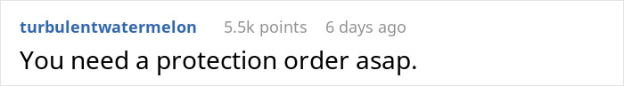 Screenshot of a comment saying, "You need a protection order asap," related to a woman's solo trip story. Screenshot of a comment saying, "You need a protection order asap," related to a woman's solo trip story.