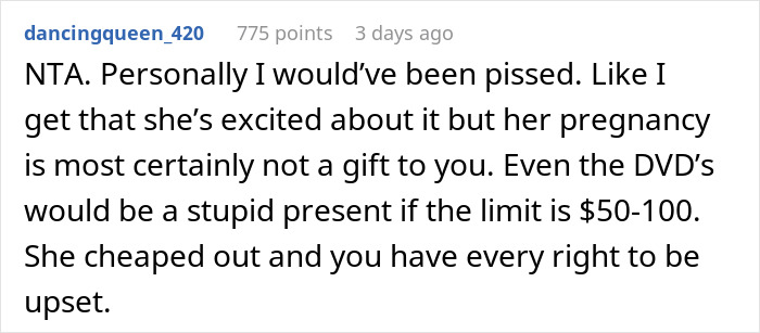 Comment discussing a sister's pregnancy announcement not being a Christmas present. Comment discussing a sister's pregnancy announcement not being a Christmas present.