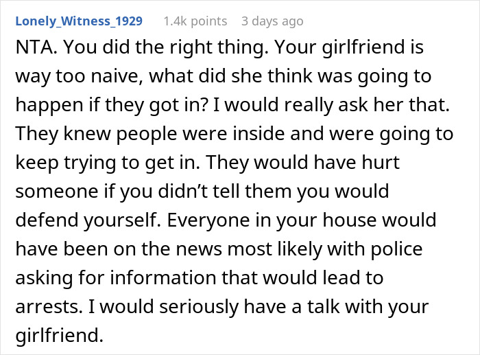 Text exchange defending decision to threaten intruders with a gun, citing safety concerns and potential harm. Text exchange defending decision to threaten intruders with a gun, citing safety concerns and potential harm.