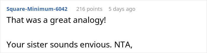 Reddit comment discussing a sister and baby analogy with "NTA" judgment. Reddit comment discussing a sister and baby analogy with "NTA" judgment.