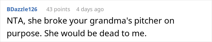 Reddit comment expressing anger over broken heirloom by new girlfriend. Reddit comment expressing anger over broken heirloom by new girlfriend.