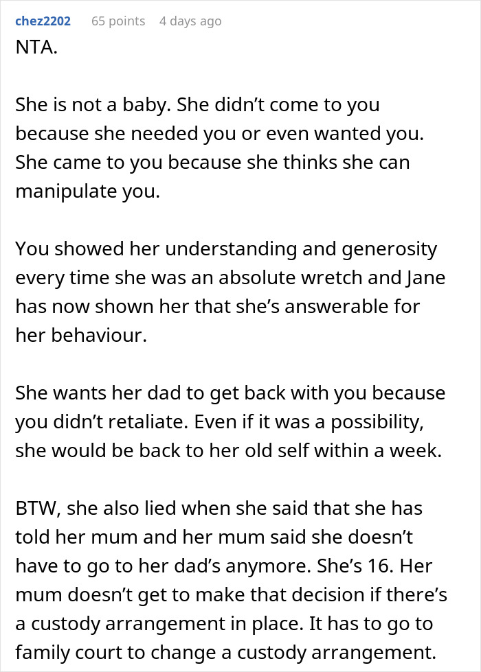 Reddit comment discussing teen's behavior towards dad's ex-girlfriend. Reddit comment discussing teen's behavior towards dad's ex-girlfriend.