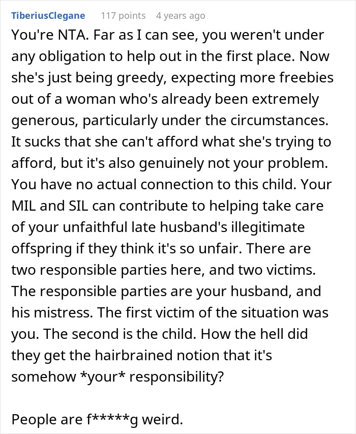 Reddit comment discussing a woman not replenishing her husband's affair child's fund. Reddit comment discussing a woman not replenishing her husband's affair child's fund.